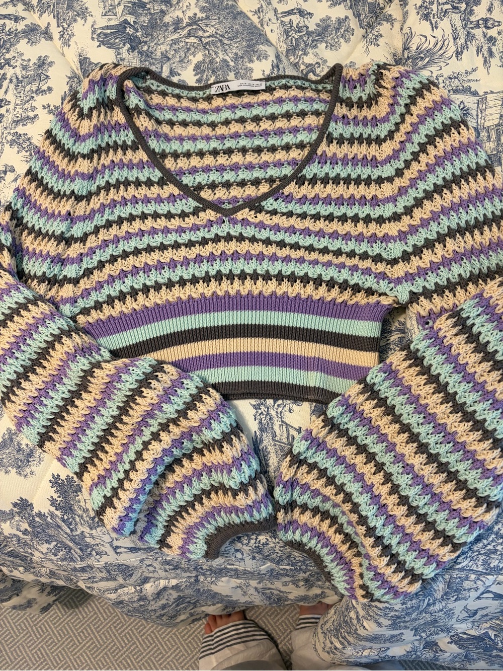 Zara Cropped V-Neck Sweater in Lavender, Mint, Cream & Brown Stripes